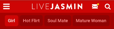 LiveJasmin mobile Schnellfilter-Buttons: Mädchen, Heiße Flirt, Seelenverwandte, Reife Frau